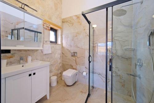 a bathroom with a shower and a toilet and a sink at Ader Villa 1 in Fethiye