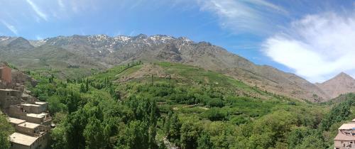 a view of a mountain with trees and buildings at Riad Dar Amgdoule Tacheddirt in Tacheddirt