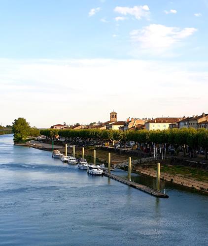 a river with boats docked next to a town at Demeures & Châteaux - Hôtel Greuze & Spa Tournus in Tournus