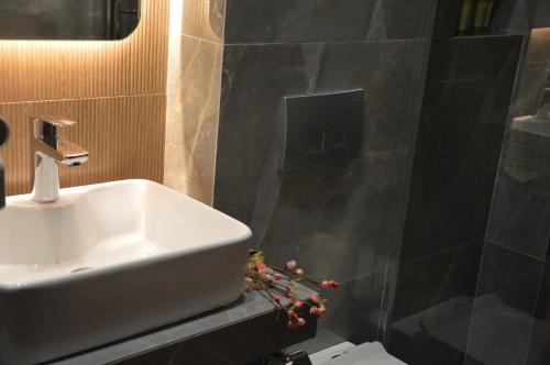 a bathroom with a sink and a black tiled wall at Aqua Mare Hotel in Nea Kalikratia