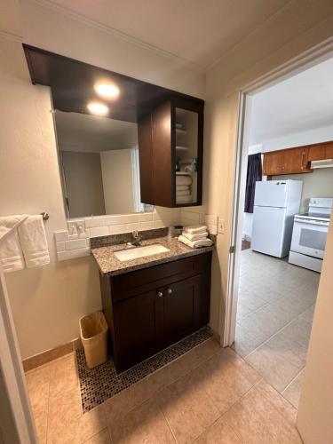 Baño pequeño con lavabo y espejo en Captain John's Motel, en Charleston