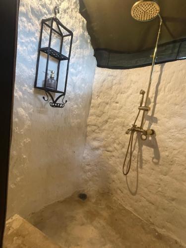 a room with a shower with a light on the wall at Double Tent - Dolly Farm & River Camp in Usa River