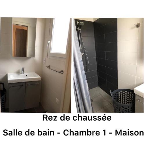 une salle de bain avec un lavabo et une douche avec un miroir dans l'établissement A 700m de la plage,villa FAMIGLIA avec piscine, à Santa-Lucia-di-Moriani