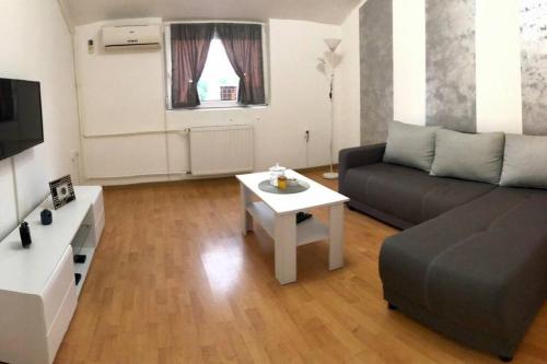 a living room with a couch and a table at Lovely 1-bedroom condo with available parking in Kraljevo