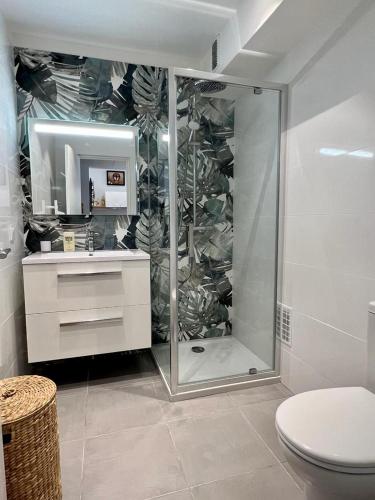 une salle de bain avec douche et toilettes dans l'établissement Bd Grosso apt 4 prs, 300m plage, clim, parking, à Nice