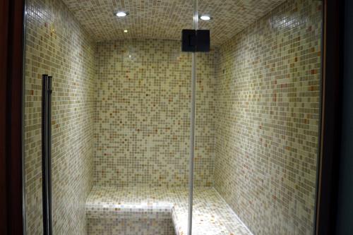 a shower with a glass door in a bathroom at Auberge Le Relais in Corbion