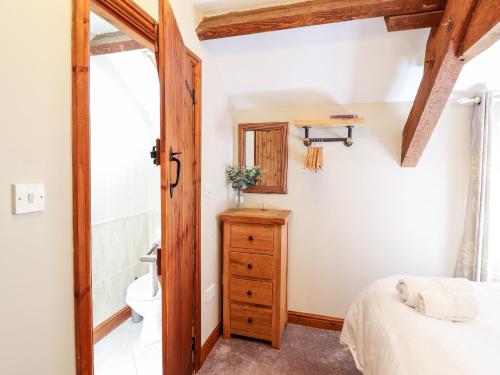 a bedroom with a bed and a sink and a toilet at Beudy Penarddwnion in Dolgellau