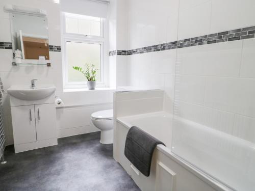 La salle de bains blanche est pourvue de toilettes et d'un lavabo. dans l'établissement Gwyder, à Penmaen-mawr