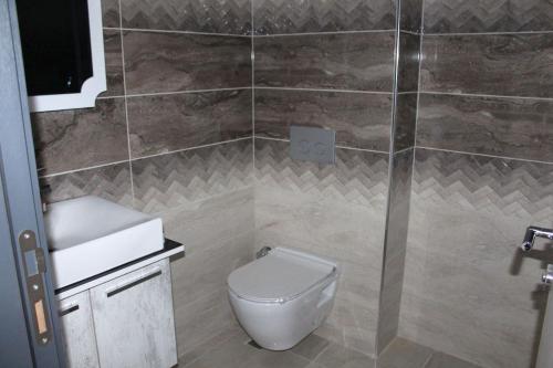y baño con aseo, lavabo y ducha. en Kaya Home Apart Otel, en Trabzon