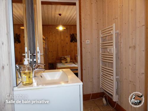 a bathroom with a sink and a wooden wall at Parc animalier du Hérisson in Doucier