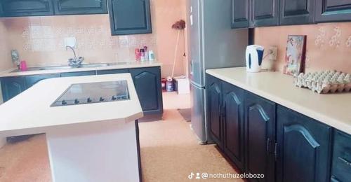 a kitchen with blue cabinets and a white sink at Randgate guesthouse in Randfontein