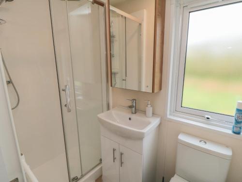 uma casa de banho com um WC, um lavatório e um chuveiro em Stag Lodge em York