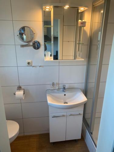 a bathroom with a sink and a mirror at Ferienwohnung und Appartementvermietung Haus-Kaiser in Büsum