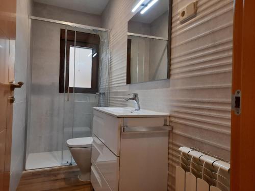 uma casa de banho com um lavatório e um WC em Apartamentos Miguel Angel em Beteta
