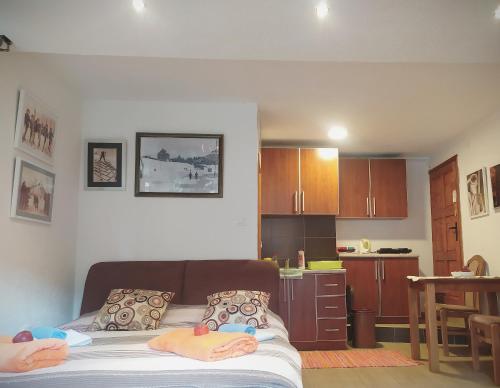 a bedroom with a bed and a small kitchen at Summit Apartment in Žabljak