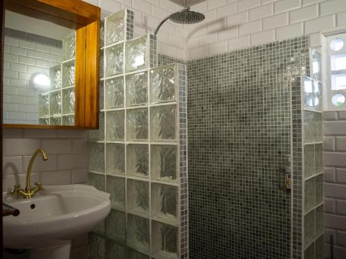 a bathroom with a sink and a glass shower at La petite Maison Bakov’ in Montjoly