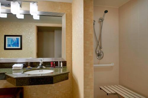 La salle de bains est pourvue d'un lavabo, d'un miroir et d'une douche. dans l'établissement Milwaukee Marriott West, à Waukesha