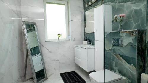 a bathroom with a shower and a sink and a mirror at River&Lake Luxury I. Apartman in Sárvár