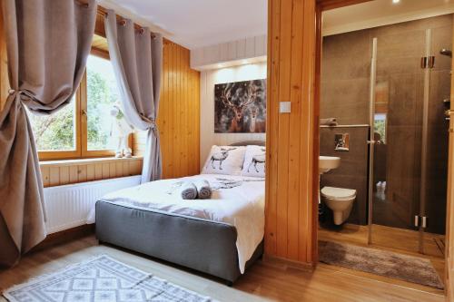 扎科帕內的住宿－Apartamenty - Wymarzone Widoki，一间卧室设有一张大床和淋浴