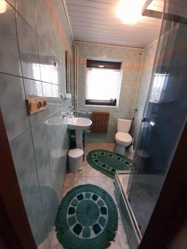 a bathroom with a shower and a sink and a toilet at Lila in Bukowina Tatrzańska