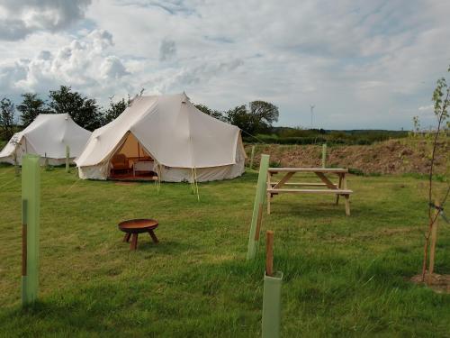 a couple of tents in a field with a picnic table at Chestnut Luxury emperor bell tent with log burner in Liverton