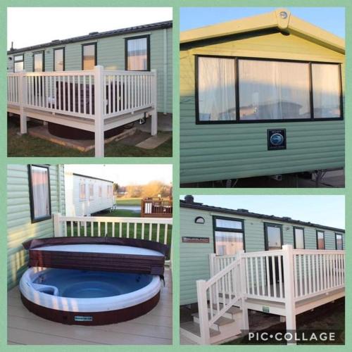 a collage of four pictures of a tiny house at Hot tub breaks Lancaster Cresent tattershall lakes in Lincoln