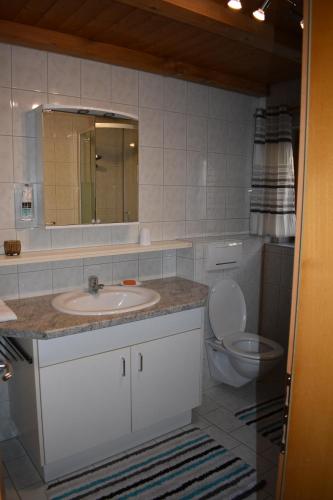 a bathroom with a sink and a toilet and a mirror at Ferienwohnung in Fraxern