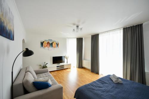 ein Wohnzimmer mit einem Sofa und einem TV in der Unterkunft Cozy apartment next to the park in Ternopil