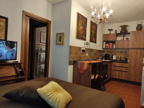 una camera con letto e una cucina con televisore di B & V HOME a Montemerano