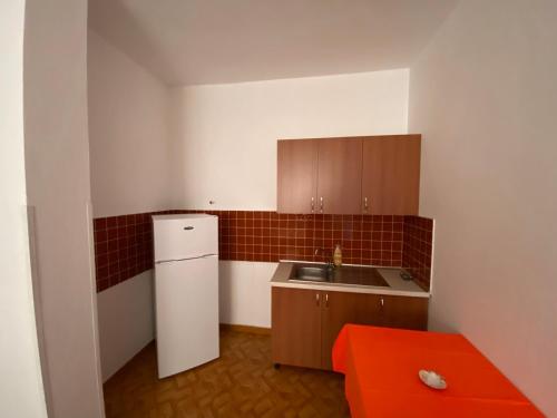 a small kitchen with a sink and a refrigerator at Villa Osmani in Durrës