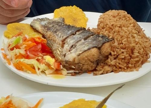 um prato de alimentos com carne e arroz numa mesa em Isla Única em Isla Grande