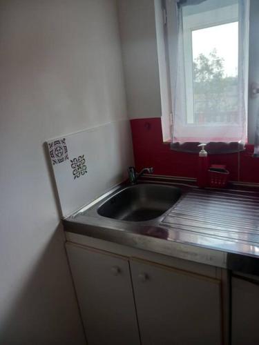 une cuisine avec un évier et une fenêtre dans l'établissement studio cool, à Bonsecours