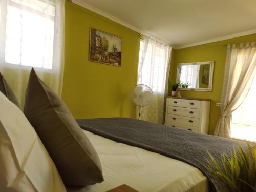 a bedroom with a bed with green walls and windows at Diana's Penthouse in Perea