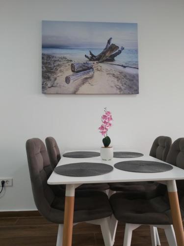 a dining room table with chairs and a picture on the wall at Apartmani Aida in Dobra Voda