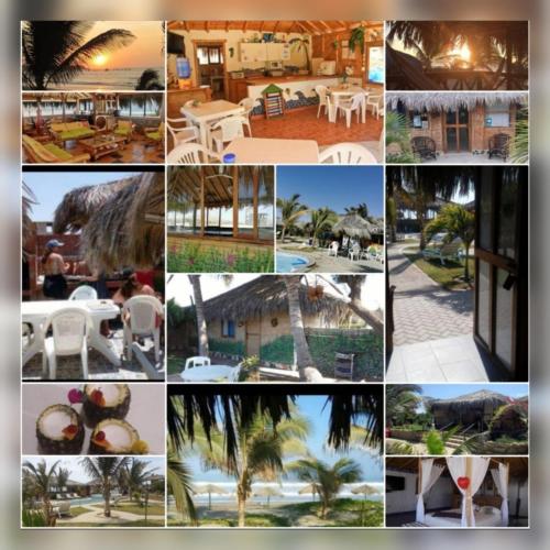 a collage of photos with tables and palm trees at Bora Bora Bungalows in Los Órganos