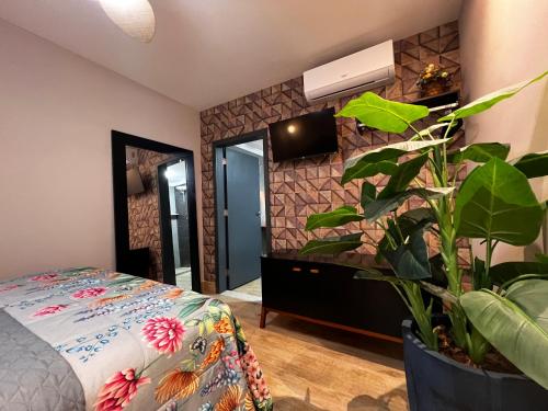 a bedroom with a bed and a plant at Hotel APART Zuccolotto 2 in Aracruz
