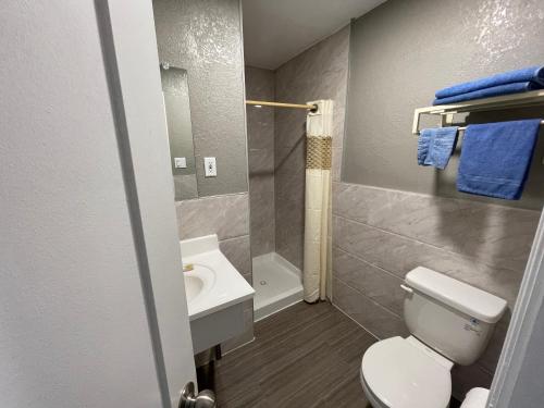 een badkamer met een wit toilet en een wastafel bij Starlite Motel in San Bernardino