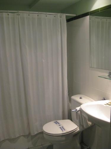 a bathroom with a white shower curtain and a toilet at Hotel Rural Loizu in Burguete