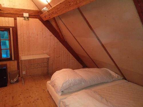 a bedroom with two beds in a attic at Dachstockzimmer in altem Stöckli in Steffisburg