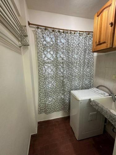La salle de bains est pourvue d'un lave-linge et d'un rideau de douche. dans l'établissement Excelente ubicación en el corazón de San Fdo., à San Fernando