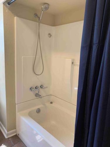 a shower in a bathroom with a tub at The Jungalow in Brookhaven