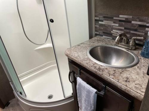 a bathroom with a sink and a shower at Quiet Country Rimrock Retreat RV in Hayden