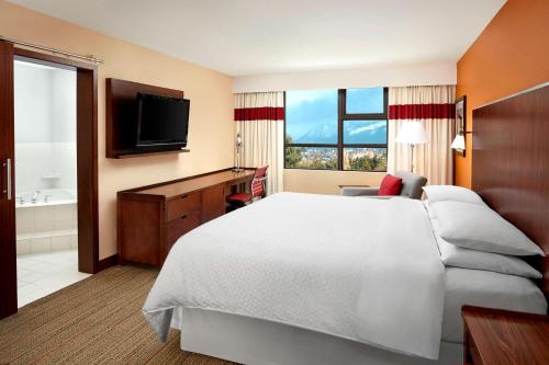 リッチモンドにあるGrand Park Hotel Vancouver Airportの大型ベッドとテレビが備わるホテルルームです。