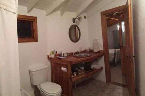 a bathroom with a toilet and a sink and a mirror at Casa en el bosque a metros del lago Nahuel Huapi in San Carlos de Bariloche