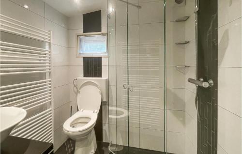 a bathroom with a toilet and a glass shower at Amazing Home In Beekbergen With Outdoor Swimming Pool, Wifi And 2 Bedrooms in Beekbergen