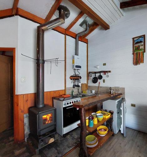 a kitchen with a stove and a stove top oven at Cabañas Pukem in Malalcahuello