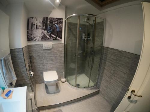 a bathroom with a shower and a toilet at La Mansarda al Borghetto in Nettuno