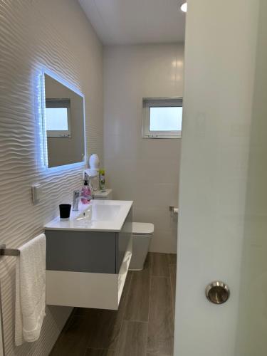 uma casa de banho com um lavatório, um WC e um espelho. em Paradise Apartments II em Santa Cruz das Flores