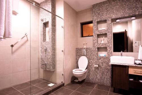 a bathroom with a toilet and a sink and a shower at Bidwood Suite Hotel in Nairobi