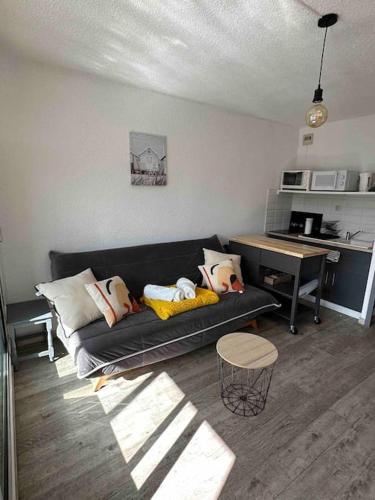 un salon avec un canapé noir et une table dans l'établissement Studio COSY à deux pas de la PLAGE !, à Gruissan